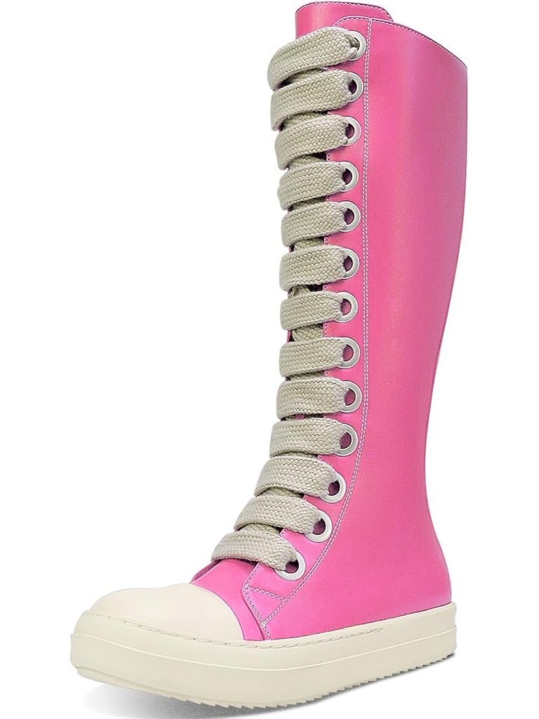 Women's Rose Red Knee-High School Bicycling Boots Thick Laces Comfort
